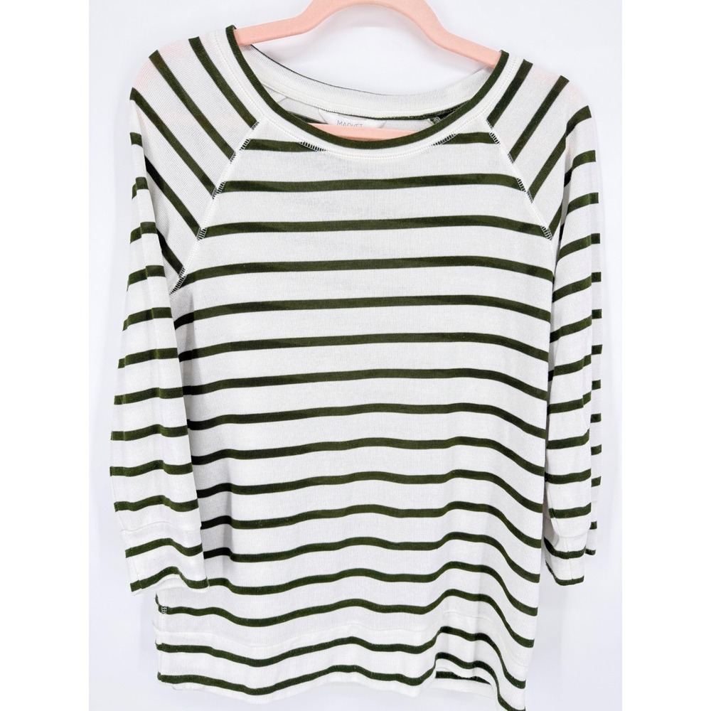 Market & Spruce Striped Knit Top Womens Large Olive Green Raglan 3/4 Sleeve‎